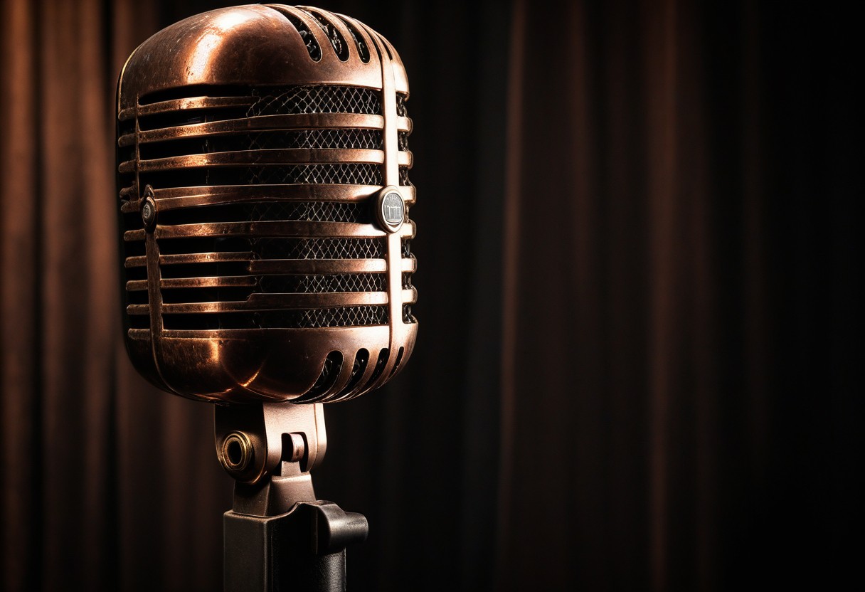 Vintage microphone with worn grille and patina, positioned on dark velvet, single spotlight illuminating its curves, lit by a single warm lamp against a dark background.