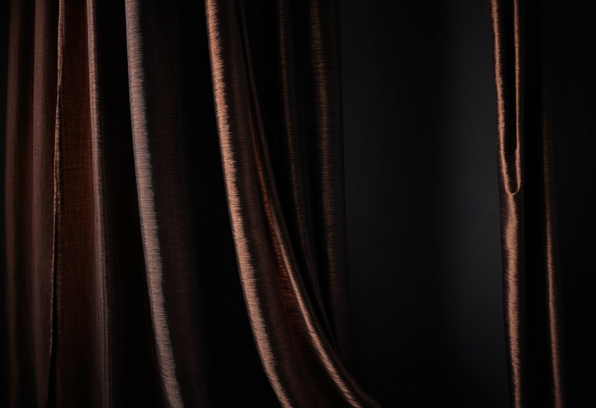 Heavy cream-colored curtain with visible weave texture, partially drawn aside, revealing dark empty space behind.