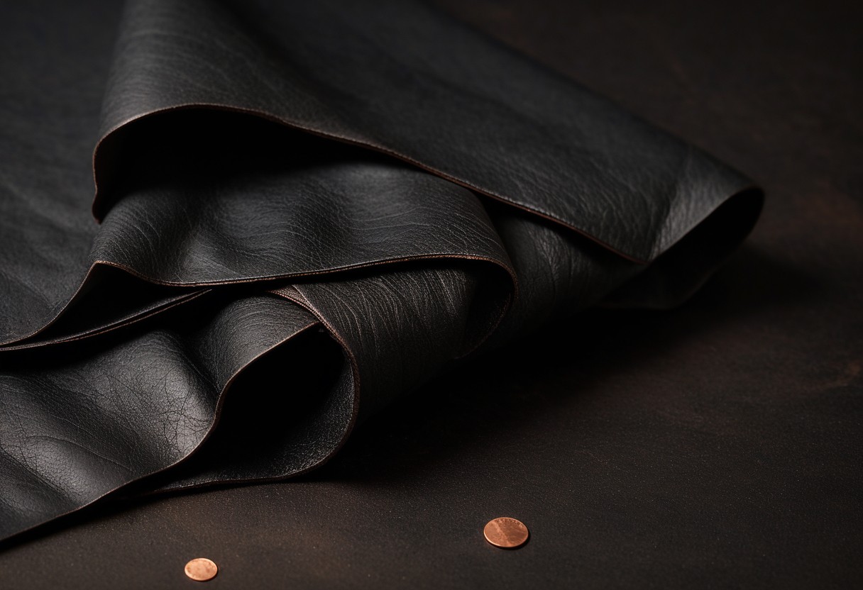 A material study of folded black latex, worn leather grain and pale silk layered on a dark surface, macro texture detail, lit by a single warm lamp against a dark background.