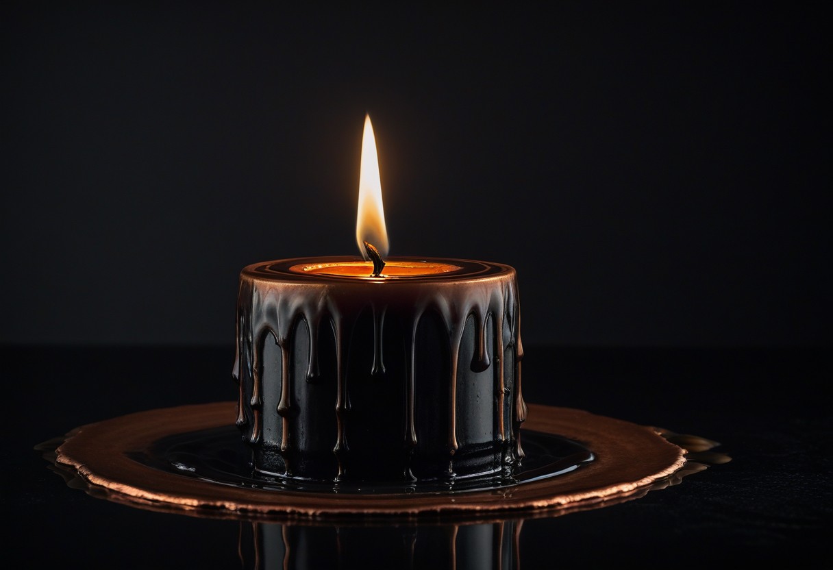 Lit pillar candle with melted wax dripping onto a dark ceramic surface, forming pooled rings of cooling wax.
