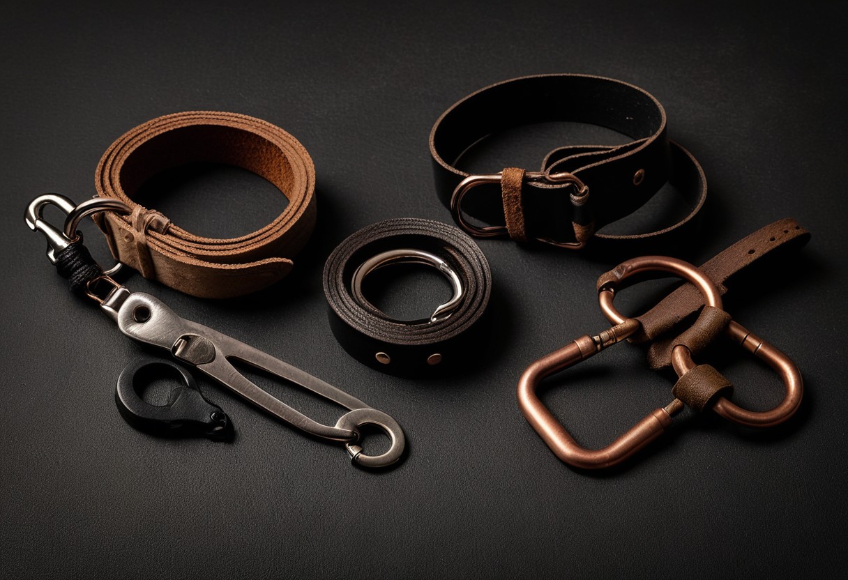 Leather cuffs, a wooden paddle and a steel carabiner arranged in a clean flat lay on dark canvas, workshop still life, lit by a single warm lamp against a dark background.
