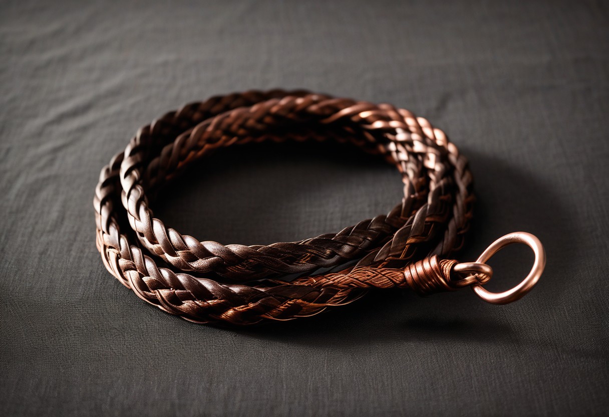 Braided leather whip coiled on white linen with sharp shadows cast across its twisted strands.